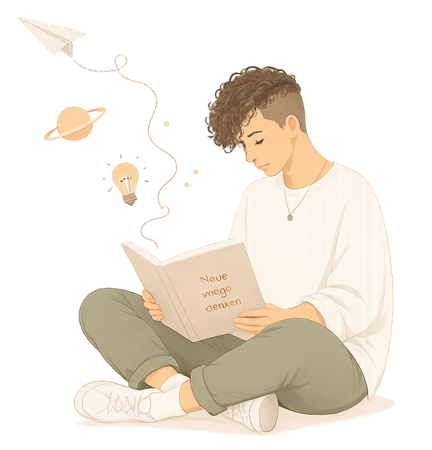 Erwachsene nicht binäre Person liest vertieft in einem Buch, aus dem Gedanken und Ideen entstehen. Illustration für das innere Erleben bei ADHS im Erwachsenenalter und Psychotherapie in Wien.