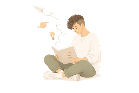 Sitzende Person mit Buch und Gedanken als Symbol für ADHS im Erwachsenenalter