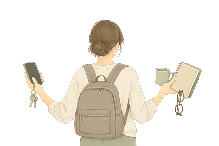 Person mit Rucksack, Smartphone, Schlüsseln, Tasse und Notizbuch als Illustration für ADHS im Erwachsenenalter